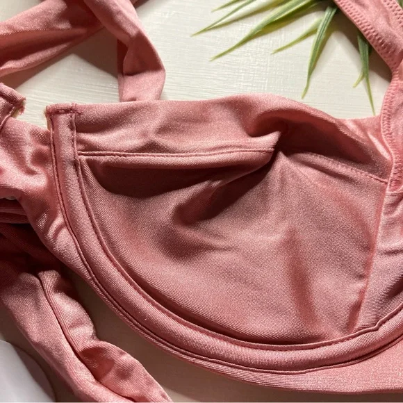 PQ Swim 👙 Rose-Gold Underwire Tie-Back Bikini TopCinched Bottoms 🏝🏄🏼‍♀️